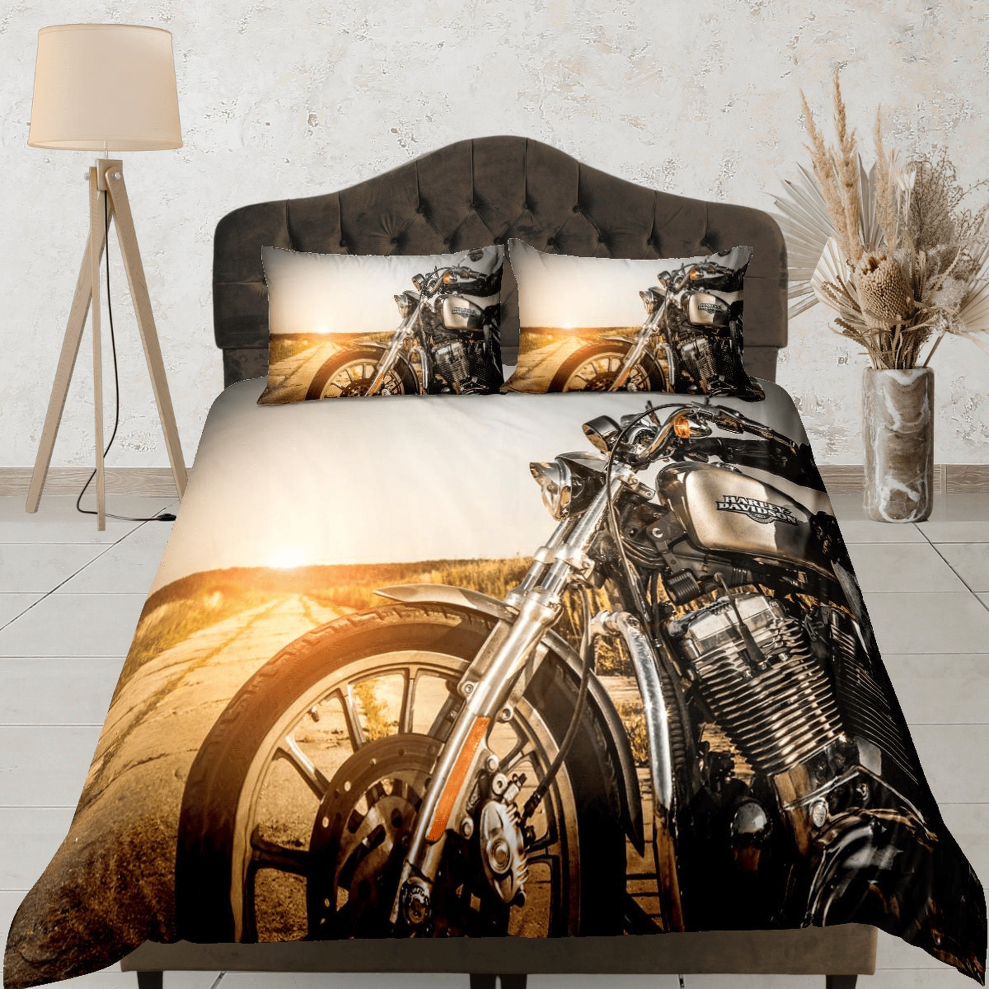 NICHIYO Harley Davidson Motorcycle Dekbedovertrek-beddengoedset, dekbedovertrek en kussensloop, microvezel, 3D digitale print, driedelig beddengoed (11, King 240 x 220 cm