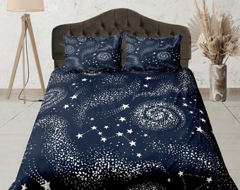 Funda nórdica de galaxia, juego de cama de noche estrellada, juego de dormitorio espacial, colcha azul, decoración celestial, regalo para astrónomo, edredón único