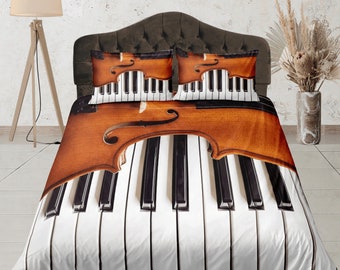 Piano Cotton Duvet Cover Set Aesthetic Quilt Cover, Guitarist Gift, Classic Music Lover Bedroom, Pianist Bedspread