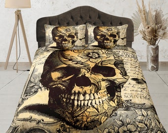 Gothic Skull Print Duvet Cover Set, Beige and Black Bedspread, Aesthetic Dorm Bedding, Custom Size Bedroom Set, Halloween Gothic Quilt Cover