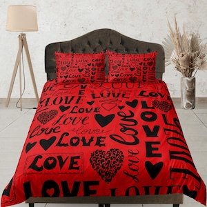 Red Love Duvet Cover Set, Romantic Typography Bedroom Set, Wonderful red Bedspread, Valentines Day Quilt Cover, Aesthetic Dorm Bedding