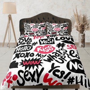 Trendy Typography Bedding Set, Elegant bed set, Black and White Duvet Cover, Aesthetic Love and Kiss Bedroom Set, Bold Word Print Bedspread