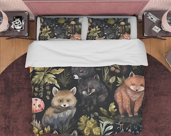 Juego de funda nórdica con animales del bosque, juego de dormitorio de zorros para niños, funda de edredón de zorro y oso, funda de edredón estética, colcha de bosque, ropa de cama acogedora