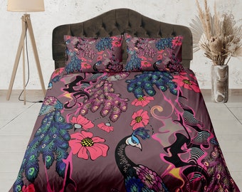 Peacock Floral Print Duvet Cover Set, Bohemian Dark Bedding cover, Dark Aesthetic Bedroom Set, Purple and Pink Quilt Cover, Exotic Bedspread