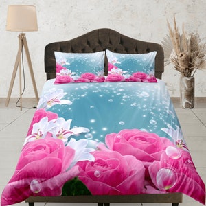 Floral Duvet Cover, Pink Rose Bedding Set, Microfiber Bedroom Set, Custom Size Bedspread, Romantic Blanket Cover, Floral Decor