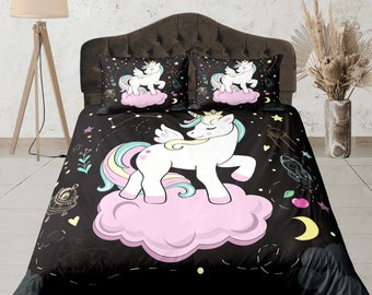 Juego de cama Unicorn Galaxy, juego de funda nórdica de tamaño personalizado, funda de edredón estética para dormitorio, juego de dormitorio, colcha única, funda de cama rosa y negra
