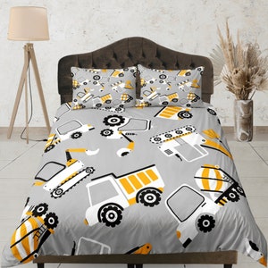 Juego de funda nórdica con estampado de construcción, juego de cama gris para niños, juego de dormitorio de tamaño personalizado, funda de edredón para niños, ropa de cama para dormitorio, colcha con cremallera