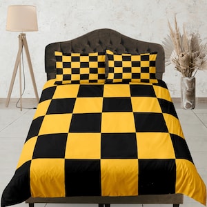Bold Checkered Duvet Cover Set,  Elegant Bedspread, Yellow and Black Bedding Set, Geometric Quilt Cover, Modern Bedroom Set, Dona Cover