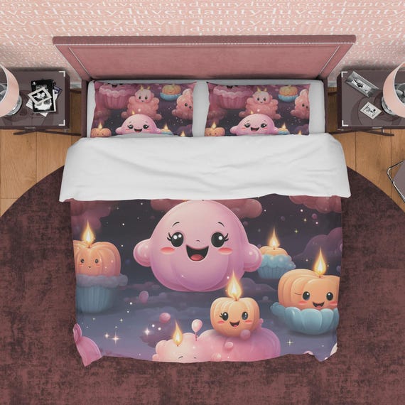 Cute Aesthetic Duvet Cover Set, Pink Cartoon Character Bedding Set
