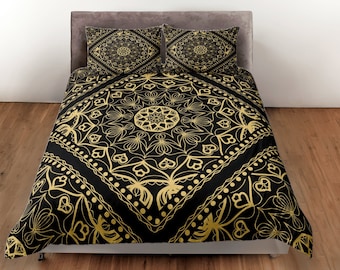 Luxury Black and Gold Bedding Set, Elegant Bedroom Set, Ornate Quilt Cover, Regal Bedspread, Sophisticated bed cover, Luxe Aesthetic bedding