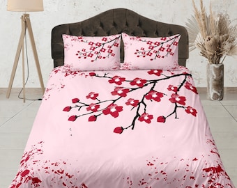 Cherry Blossom Duvet Cover Set, Japanese Style Quilt Cover, Pink Floral Dorm Bedding, Spring Bedroom Set, Soft Pink Bedspread, Sakura Design