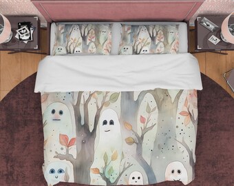 Whimsical Ghosts Duvet Cover Set, Watercolor Aesthetic Bedroom Set, Dorm Bedding, Cozy  Quilt Cover, Spooky Zipper Bedspread for Halloween