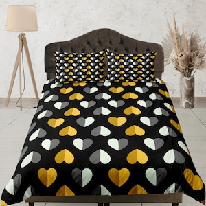 Heart Duvet Cover, Black & Gold Bedding Set, Modern Bedroom Set, Love Bedspread, Unique Blanket Cover, Heart Pattern Doona Cover
