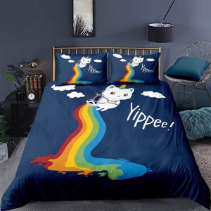 Colcha de dibujos animados de colores, juego de cama de gatos, juego de funda nórdica de arcoíris, funda de edredón para niños, juego de dormitorio, colcha de tamaño personalizado, funda de cama divertida