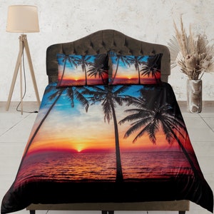Sunset Duvet, Beach Theme, Custom Size, Coastal Bedding, Tropical Decor, Palm Tree Design, Relaxing Quilt Cover, Beach Decor