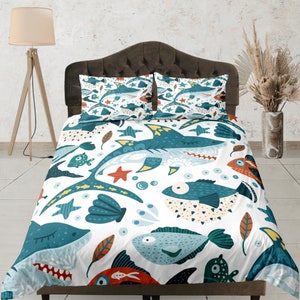 Underwater Marine Life Bedding Set, Colorful Ocean Animal Duvet Cover Set, Kids Bedspread, Custom Size Quilt Cover, Sea Life Bedroom Set
