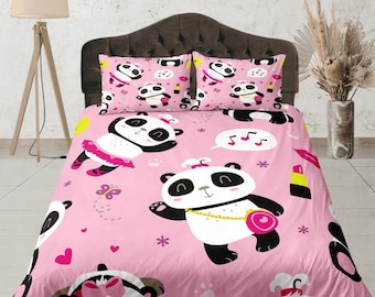 Juego de cama con estampado de panda, funda de edredón rosa, funda de edredón para niños, colcha con estampado de animales, maravillosa colcha, bonito juego de dormitorio, juego de cama para dormitorio