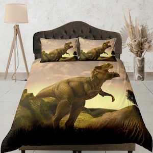 T-Rex 恐竜プリント布団カバーセット、子供用かわいい寝具セット、先史時代の寝室セット、ジュラ紀のキルトカバー、アドベンチャー寝具、ソフトベッドセット