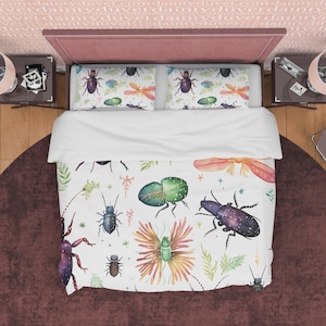 Capa de edredom de algodão com insetos coloridos, roupa de cama de besouro, presente de entomologia, estampas de amantes da natureza, decoração de quarto, roupa de cama de insetos, roupa de cama com zíper exclusiva