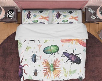 Kleurrijk katoenen dekbedovertrek met insecten, kever beddengoed, entomologie cadeau, natuurliefhebber prints, kamerdecor, beddengoed met insecten, uniek beddengoed met ritssluiting