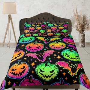 Halloween Duvet Cover Set, Pumpkin Dorm Bedding,Spooky Bedroom, Neon Halloween, Halloween Decor, Gothic Bedding Set, Custom Size Quilt Cover