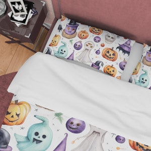 Halloween Themed Duvet Cover Set, Ghost Pumpkin Quilt Cover, Spooky Bedroom Set, Dorm Bedding, Custom Size Bedspread, Aesthetic Duvet