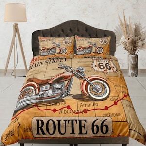 Juego de funda nórdica con diseño de motocicleta de ruta, juego de dormitorio con mapa de viaje vintage, colcha colorida, funda de edredón marrón y beige, ropa de cama estética para dormitorio