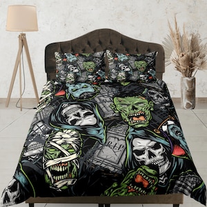 Zombie Horror Duvet Cover Set, Gothic Halloween Bedding, Soft bed set, Scary Graveyard Quilt Cover, Custom  Bedspread, Spooky Bedroom Decor
