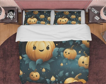 Bettwäsche-Set 135x200 Hello Pumpkin - Süße Kürbis-Motive In Blau-weiß