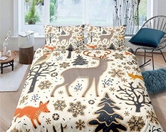 Boho Christmas Duvet Cover Set, Woodland Animal Quilt Cover, Cotton Holiday Bedding, Winter Bedspread, Deer Bedroom Decor, Snowflake Bedding