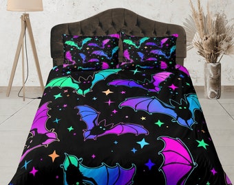 Zestaw poszewek na kołdrę Neon Bats, Gotycki zestaw do sypialni na Halloween, Trippy Bat Quilt Cover, Wielokolorowa narzuta na łóżko, Niestandardowy zestaw pościeli, Piękny zestaw łóżek