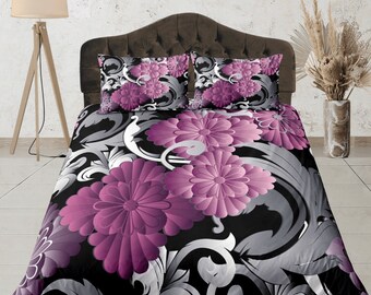 Elegant Purple Floral Duvet Cover Set, Black and Silver Bedding Set, Custom Size Quilt Cover, Dorm Bedding, Aesthetic Bedroom Set