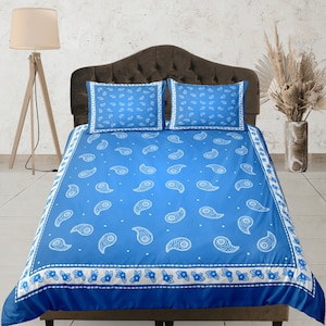 Blue Paisley Bedding Set, Custom Size Duvet Cover Set, Dorm Bedding, Paisley Pattern Bedspread, Decorative Quilt Cover, Bedroom Set