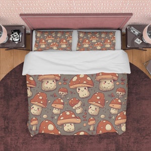 Lindo juego de cama con forma de hongo, juego de funda nórdica roja, ropa de cama extravagante para dormitorio, juego de dormitorio divertido, funda de edredón estética con divertido estampado de hongos