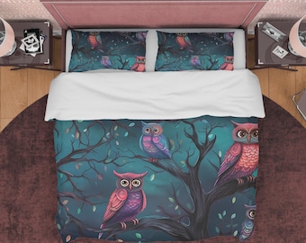 Eulendruck Bettbezug, Bettwäsche, Ästhetisches Schlafzimmer-Set, Boho Bettbezug, Tagesdecke in Benutzerdefinierten Größen, Doona Bezug, Wunderschöne Bettdecke
