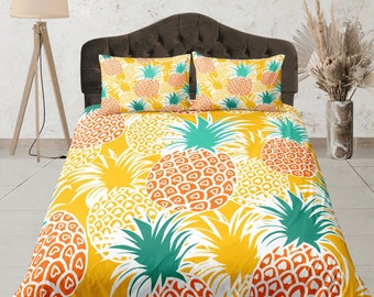 Tropical Pineapple Bedspread Set, Fruit Bedding Set, Custom Duvet Cover, Summer Aesthetic Quilt Cover Set, Vibrant Bedroom, Yellow Bedspread