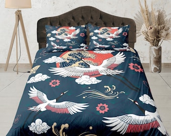 Japanese Crane Duvet Cover, Asian Bedding, Crane Bird Bedding Set, Oriental Home Decor, Blue Duvet Cover, Nature Inspired Bedding