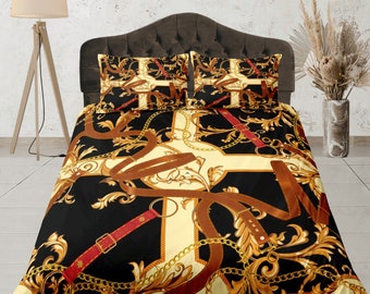 Baroque style bedding set, black and gold quilt cover, aesthetic duvet cover, ornate bedspread, zipper bedding, luxurious bedroom set,