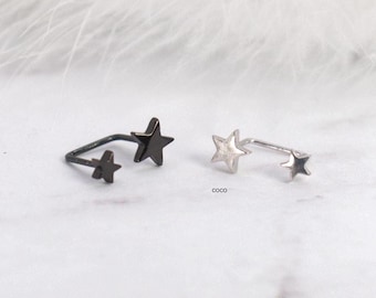 Sterling Silver Star Stud Earrings – Black & Silver Celestial Jewelry- Black Tiny Star Open Huggie Hoop Earrings -Screw Back Earring
