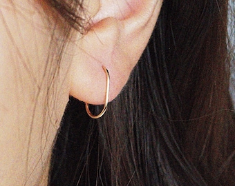 14K Gold Filled Oval Hoop Earrings – Dainty Huggies Silver Hoop Earrings- Rectangle Huggie Earring- Rectangle Hoop Earring- Silver Rose