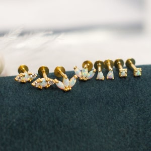 Tiny Opal Flatback Earrings -Gold Cartilage Earring- 18G Stud white opal flat back Stud Earring -Sterling Silver Conch Earrings opal earring