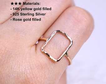 Bague ouverte rectangulaire - Or 14 carats ou anneau géométrique en argent sterling
