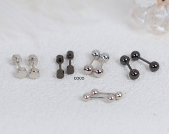 Pendientes de barra de plata de ley con cierre de bola y rosca, estilo minimalista. Pendientes de rosca negra para hombre y mujer.