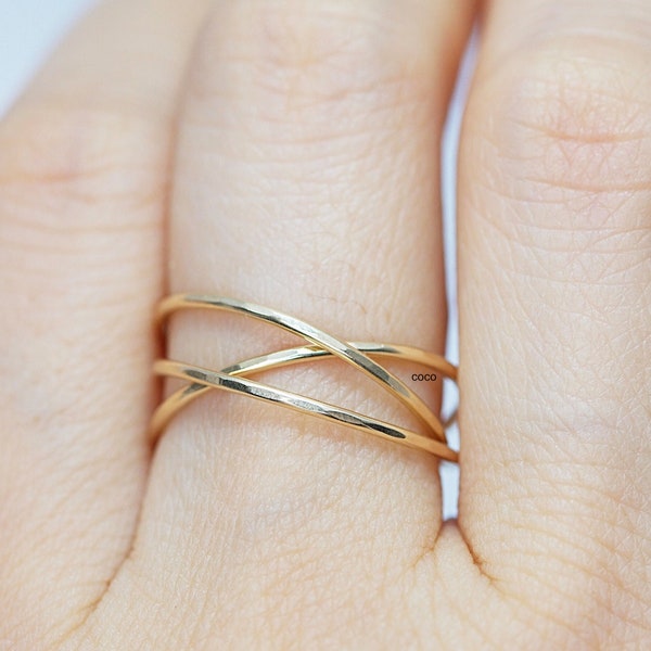 Juego de anillos Fidget Spinner chapados en oro de 14 k: elegante juego de anillos entrelazados, anillo cruzado chapado en oro de 14 k, anillo apilable de plata rosa. Delicado.