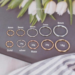 May include: A collection of gold, silver, and rose-colored hoop earrings in various sizes, ranging from 4mm to 9mm. The image includes the text "CocoLJewelry" and measurements in millimeters and gauge sizes.
