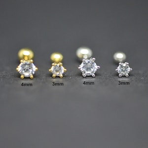 Small Pair of CZ Crystal Stud Earrings in 925 Sterling Silver- Tiny Gold Silver Screw Back Earrings - cartilage conch tragus -Helix Piercing