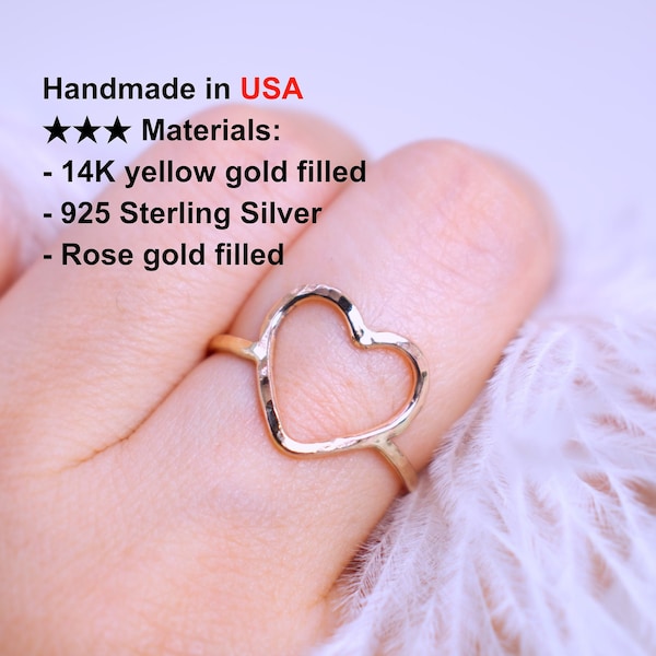 Hammered Gold Heart Ring –Minimalist Stacking Ring-Open Heart Ring- Boho Ring- Love Heart Ring-Gold Stacking Ring -Gold Heart Ring for women