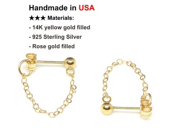 Aretes de cadena chapados en oro de 14 quilates - Aretes colgantes de oro - Aretes de cadena con bucle - Aretes colgantes de cadena de plata - Aretes de cadena de plata con botón