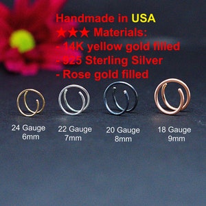 14K Gold Nose Ring -Double Nose Ring for Single Pierced -Nose Hoops 14K Gold Nose Silver or Rose Gold Nose Ring - Tiny Nose Ring Spiral Hoop