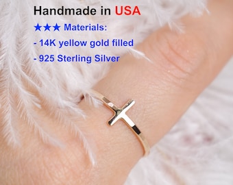 Dainty Cross Ring, 14K Gold Filled or Sterling Silver, Stackable Ring- Gold Cross Ring / Stacking 14K Gold Filled Ring /Gift Thumb Ring
